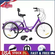 NEW Unisex Adult 24" 3-Wheel Tricycle Bicycle Bike Cruise Basket purple 7-Speed