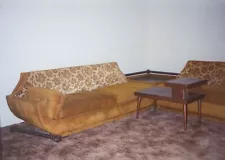 Vintage Color Photo Mid Century Modern Floral Velvet Couch Sofa Living Room