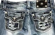 Womens Destroyed Miss Me Jeans 29x31 Boot Crystals Rhinestone Faux Flap Pockets