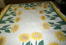 VINTAGE HANDMADE HAND STITCHED APPLIQUED YELLOW SUNFLOWER QUILT 85 " by 70"