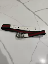 GUCCI KID’S CHILDREN’S ELASTIC MARMONT WEB LEATHER BELT (WHITE)