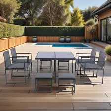 9PCS Patio Furniture Outdoor Dining Set Cushioned Seats Glass Table Space Saving