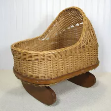 SALE TODAY Vintage Rattan Wicker Oak Doll Cradle Handmade Heavy Rustic Primitive