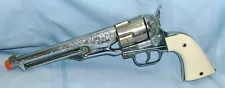 VTG. HUBLEY DIECAST NICKEL COLT .45 CAP PISTOL W/ 7 3/4" LONG BARREL+WHITE GRIPS