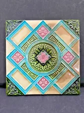 OLD VINTAGE RARE UNIQUE HANDMADE BEAUTIFUL FLORAL DESIGN CERAMIC TILE, JAPAN