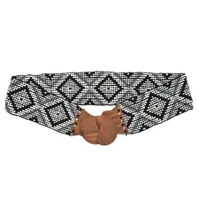 Dove Grey/White/Black Glass Indian Beaded Stretch Belt with Wooden Buckle  NWT