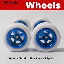 10mm/10mm Metallic Blue rims 5 spoke White rubber tire set. for Hot Wheels