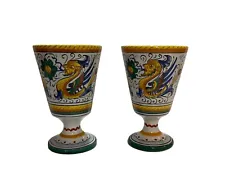 Deruta Hand Painted Dragon Ceramic Raffaellesco Wine Chalices Goblets Italy