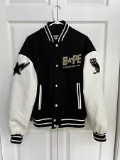 A BATHING APE BAPE SNAP FRONT VARSITY JACKET Sz XXL OVO Owl Leather Sleeves Wool