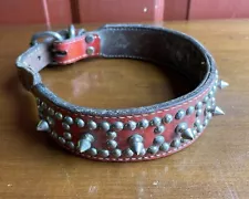 Large Vintage Red Leather Spiked Studded Adjustable Dog Collar