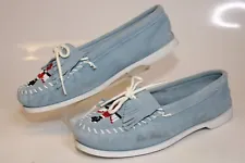 Minnetonka Womens 10 Thunderbird Blue Suede Beaded Moccasins Shoes 165