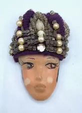 SALE! VTG Art Deco Porcelain Ladie face brooch hand painted beaded headdress hat