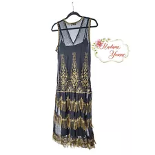 spectacular black flapper dress with intricate gold beading and fringe, size 5