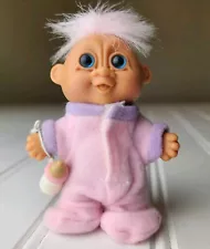 Vintage Russ Troll Doll BABY GIRL IN PJ's WITH BOTTLE Pink 3" Russ Troll NEW