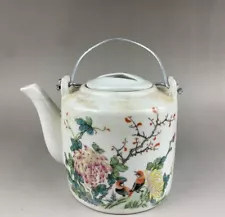 Old Porcelain Antique Collection Family Rose Flower and Bird Handle Tea Pot