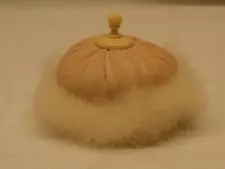 Antique French Swans Down Celluloid and Pink Silk 3 Inch Powder Puff Good Cond.