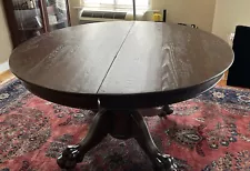 Antique Round Oak Dining Table w/ 2 Leaves