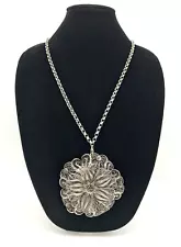 1890's Huge Silver Filligree 3D Flower Pendant Belcher Link 28" Chain Necklace