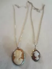 Fabulous Lot Of 2 Early Vintage Sterling&800 Silver Carved Shell Cameo Necklaces