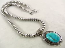 New Listing38g 16" Navajo Joe Piaso Jr Turquoise Pendant Sterling Beads Necklace Native