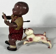 Poor Pete Wind-up Toy Celluloid Boy with Watermelon and Dog Japan WORKS