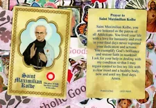 St. Saint Maximilian Kolbe with Prayer - Relic Paperstock Holy Card 14321