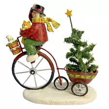 Snowman Old Time Bike Pulling Tree Christmas Decor 9.25" Raz Imports Deb Stain