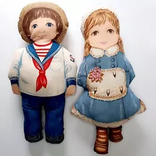 2 Vintage Pillow Dolls Victorian Girl Sailor Boy 17" Tall Finished Fabric Panel