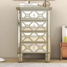 Mirrored 4-Drawer Chest with Golden Lines for Living Room, Hallway, Entryway