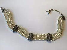 VINTAGE MARCASITE RHINESTONE & PEARL BEAD CHOKER NECKLACE