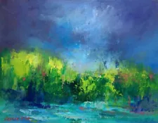 Storm original oil painting Landscape Moody sky blue wall Art Small For Sale