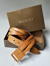 Gucci camel tan brown braided leather Logo belt Sz 75 - 30 100% authentic in box