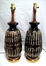 Vintage MCM Black Gold White Textured Drip Ceramic Danish Walnut Table Lamp Pair