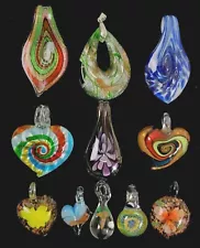 Hand Blown Glass Pendant Lot Beautiful Mix Colors, Designs, Sizes 11pcs Total!