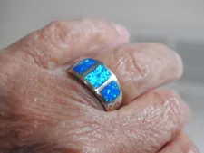 gorgeous black opal sterling silver BAND RING 7 blues/greens