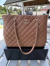 Authentic Chanel Beige Leather Women Quilted Bag With Chain Shoulder. Large 30cm