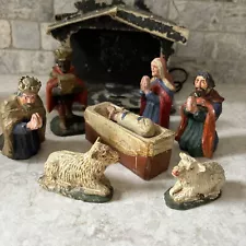 Vintage Hand Carved Wooden Nativity Set ~ 9 Pieces Christmas Folk Art