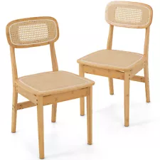 2PCS Rattan Accent Chairs Bamboo Frame Cane Woven Backrest &Seat Dining Room