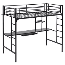 Metal Twin Size Loft Bed with Built-in Desk and Storage Shelves Bedroom