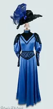 1890's-Early 1900's Costume Dress Blue Velour W/ Black Lace W/ Or W/Out Hat