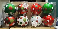 Set of 8 Red Green White Polka Dot Shatterproof Ornaments for Grinch Tree New!