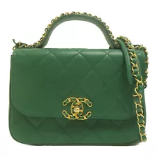 CHANEL Quilted Chain Infinity Top Handle Flap 2way Shoulder Bag Lambskin Green