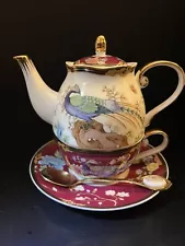 Staunton & Henry Oriental Style Burgundy & White Tea Set Gold Accents NIB