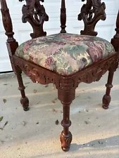 Victorian Corner Side Chair Carved Face, Lion's Head and Floral Seat