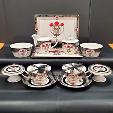 Elegance Porcelain 12 Piece Multi-Colored Skull Roses Tea Set w/Real Gold Trim