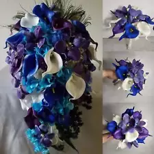 Peacock Royal Blue Purple Turquoise Ivory Calla Lily Orchid Bridal Wedding Bouqu