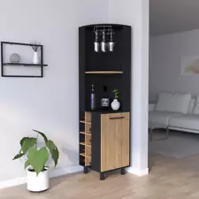 Corner Bar Cabinet Cleveland, Ten Wine Cubbies, Single Door, Black Wengue / Pine