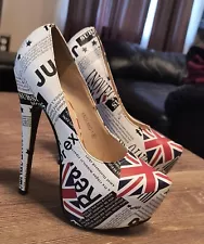 Mochi Platform Pumps Women's White England Print 6 1/2 w Replacement Heel Tips