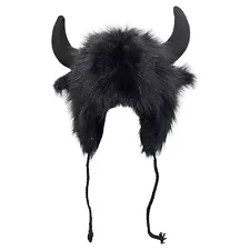 Bison Hat Plush Earflap Hat with Horns Fluffy Ear Headwear for Halloween Gift