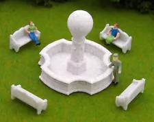 5 pc Venetian Fountain Set - HO Scale Marble Fountain with 4 Marble Benches